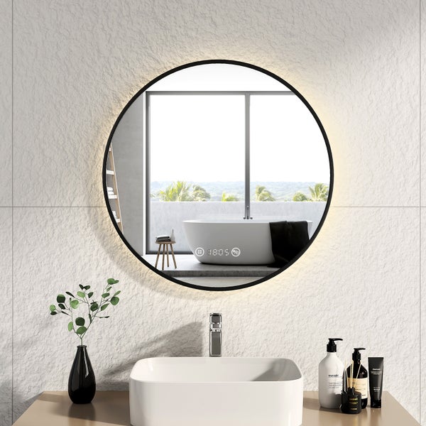 EMKE LED Badspiegel rund Ø70 cm mit Beleuchtung, Neutralweiß, Touchschalter, LED-Zeitdisplay & Temperaturanzeige, IP44, beschlagfrei, kupferfrei & rostfrei, schwarzer Rahmen, für Badezimmer