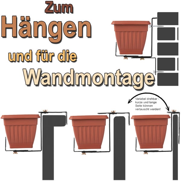 Verstellbare Blumenkastenhalterung aus Metall für Wandmontage und zum Hängen an Geländern mit verschiedenen Anbringungsmöglichkeiten