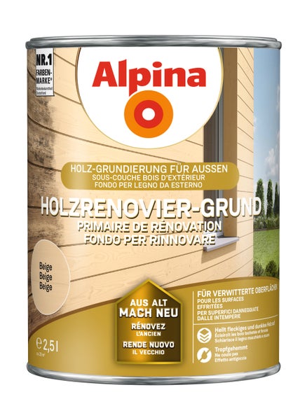 Alpina Holzrenovier-Grund für außen, beige, 2,5 Liter. Grundierung für verwittertes Holz, hellt dunkles Holz auf, tropfgehemmt.
