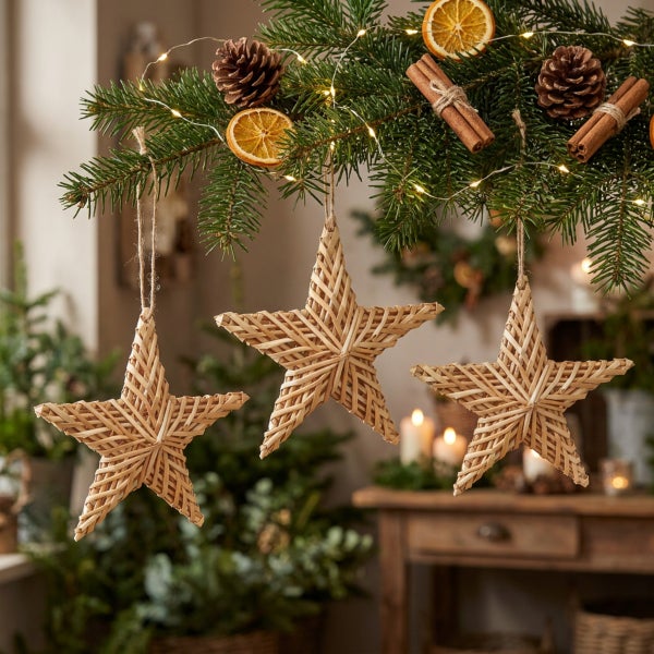Drei hängende Weihnachtssterne aus geflochtenem Weidengeflecht als festliche Weihnachtsdekoration am Tannenzweig