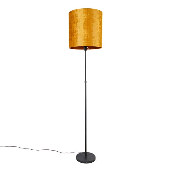 QAZQA - Modern Stehlampe schwarz mit Gold I Messingenem Schirm 40 cm verstellbar - Parte I Wohnzimmer I Schlafzimmer - Textil Länglich - LED geeignet E27