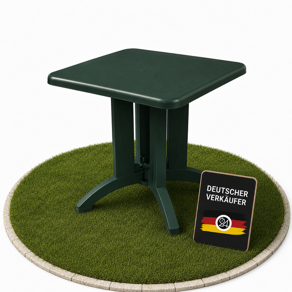 Quadratischer, dunkelgrüner Gartentisch aus Kunststoff auf einer kreisförmigen, eingefassten Rasenfläche mit dem Hinweis Deutscher Verkäufer.