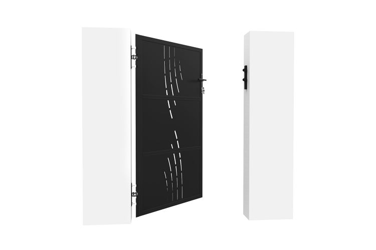 Modernes Gartentor aus Metall mit dekorativem Linienmuster, inklusive Drückergarnitur und zwei Pfosten.