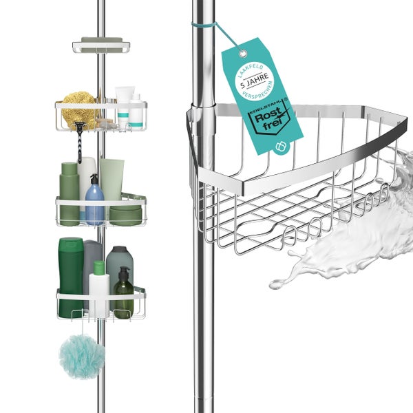 Teleskop Duschregal mit 3 Fach Anti-Rost Schutz (Version 2.0) - Stabiles & flexibles 105-270cm Duschregal Teleskop ohne Bohren - Teleskopregal Bad 4 Körbe - Klemmregal Dusche und Badewanne