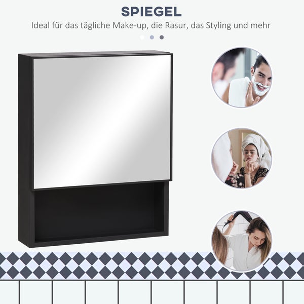 kleankin, Spiegelschrank, Badezimmerschrank, 46L x 13,5B x 58H cm, Edelstahl, Glas, Schwarz