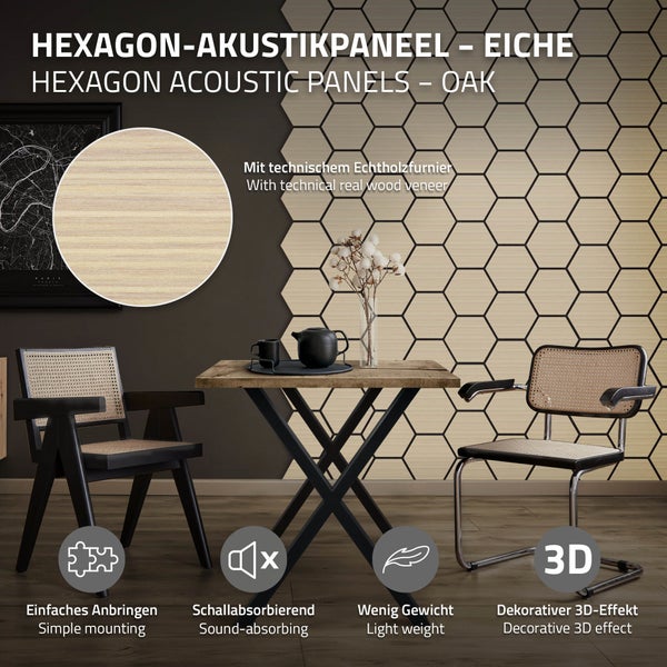 ML-Design 2er Set Akustikpaneele 66x81x2cm für 1m² – Eiche, MDF Akustikplatten in Hexagon-Holzoptik, Wandpaneele zur Schalldämmung, Wandverkleidung für Büro, Studio, Schallschutz & Akustikbehandlung