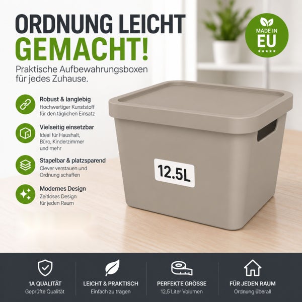 Stabile Aufbewahrungsbox aus Kunststoff mit 12,5 Liter Volumen, stapelbar und vielseitig einsetzbar für Haushalt, Büro und Kinderzimmer.