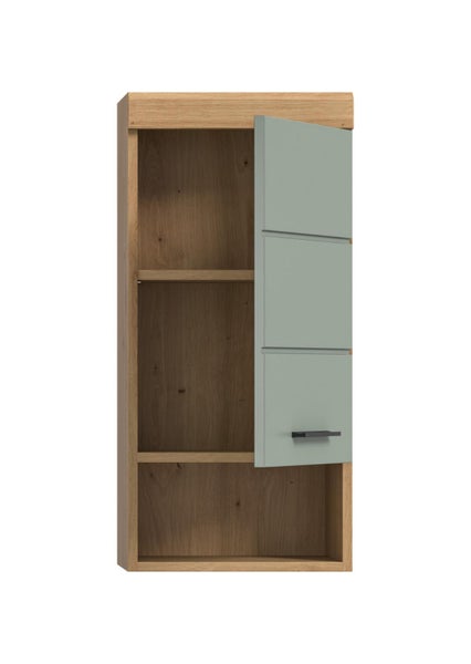 Hängeschrank in Eichenoptik mit einem offenen Fach und einer grünen Tür mit schwarzem Griff.