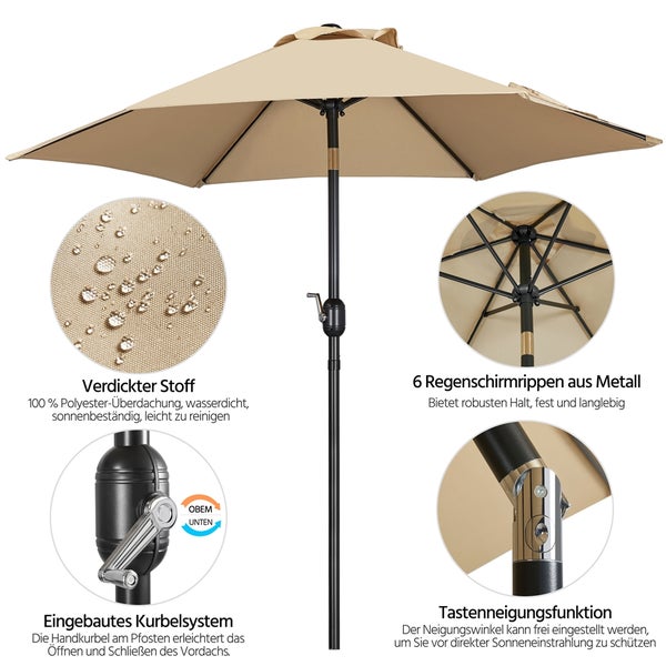 Beiger Sonnenschirm mit Kurbel und Metallgestell