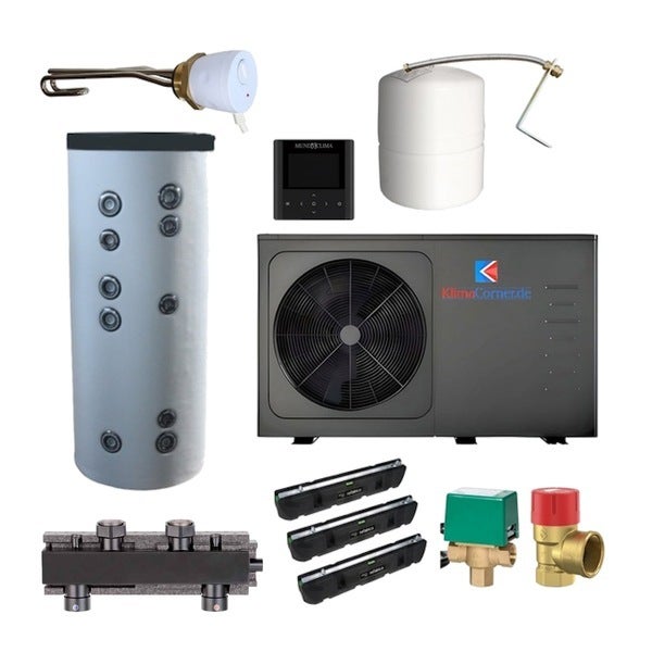 Komponenten einer Wärmepumpenanlage inklusive Warmwasserspeicher, Steuerung, Ausdehnungsgefäß und Zubehör