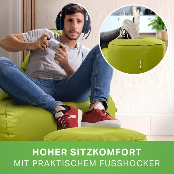 Green Bean 2er Set Sitzsack + Hocker - fertig befüllt - robust waschbar schmutzabweisend - Kinder & Erwachsene Bean Bag Bodenkissen Lounge Sitzhocker Relax-Sessel Gamer Gamingstuhl Pouf - Grün