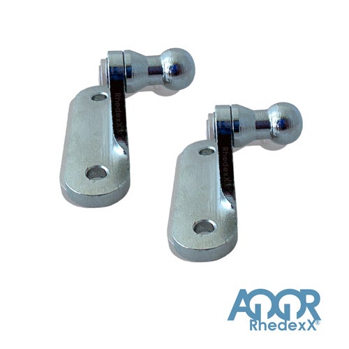 Zwei Kugelgelenke aus Metall mit Montageplatte für Gasdruckfedern von Rhedexx und AQOR Rhedexx Logo.