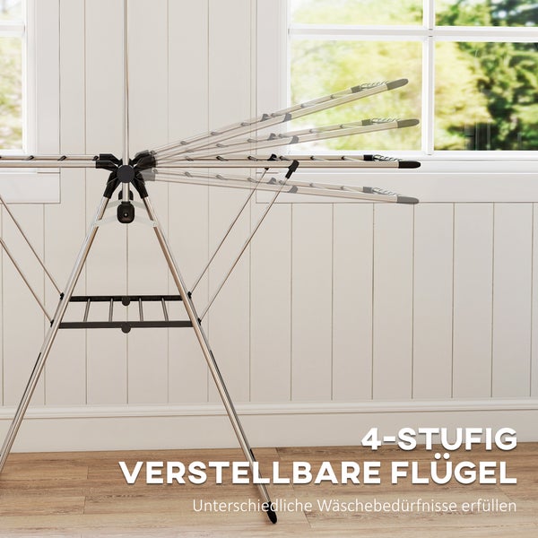 Wäscheständer aus Metall mit 4-stufig verstellbaren Flügeln vor einem hellen Fenster.
