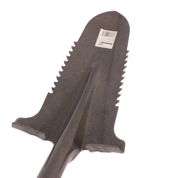 Wurzelspaten-Blatt aus Metall mit gezackten Kanten und Trittkante.