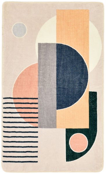 Kurzflor-Teppich mit geometrischem Muster aus Kreisen, Rechtecken und Linien in verschiedenen Farben.