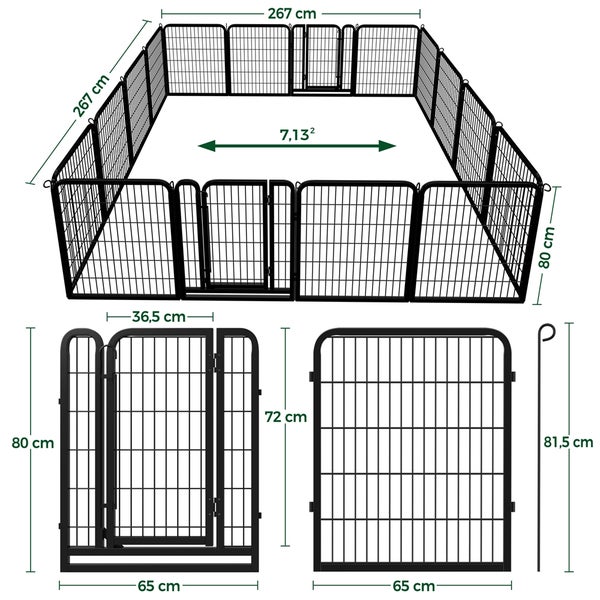 Dimensionsansicht eines Hundeauslaufs mit Tür und Erdspieß