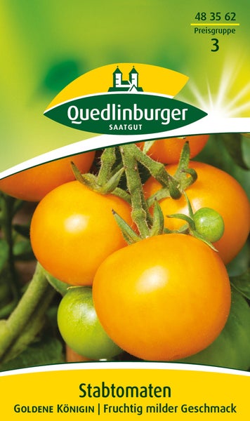 Quedlinburger Saatgut Logo auf einer Samentüte für Stabtomaten Goldene Königin mit einer Abbildung von Tomaten an der Pflanze.