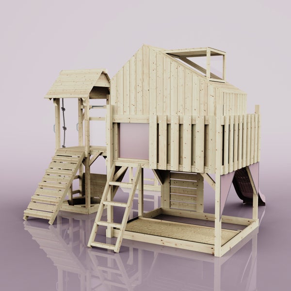 Holzspielhaus mit Rutsche, Leiter, Sandkasten und Kletterseil