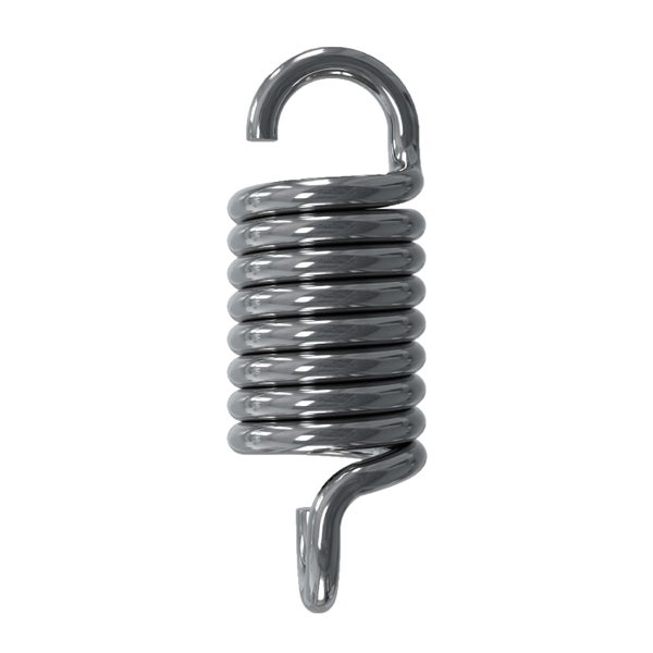 Eine silberne Zugfeder aus Metall mit Hakenenden