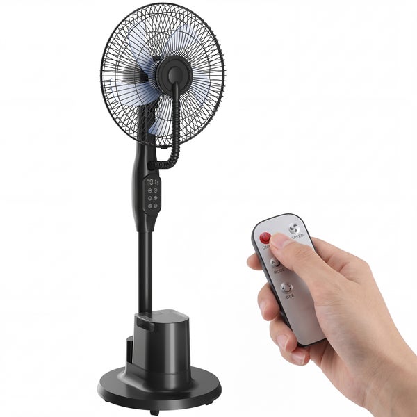 Schwarzer Sprühnebel Standventilator mit digitalem Display und Fernbedienung.