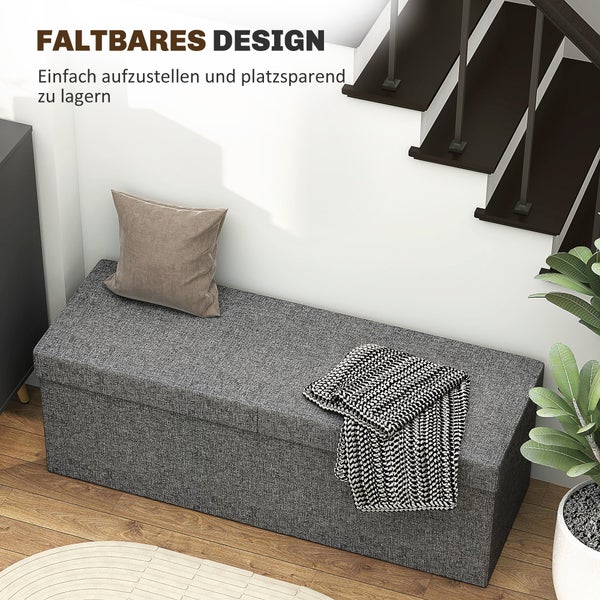 HOMCOM Sitzbank mit Stauraum, faltbar Polsterbank mit separaten Behältern, Bettbank mit Leinenoptik, Sitztruhe für Flur Schlafzimmer Wohnzimmer, 110 x 38 x 38 cm Dunkelgrau
