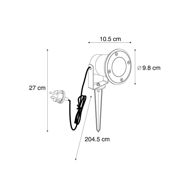 Technische Zeichnung eines Gartenstrahlers mit Erdspieß und Schutzkontaktstecker inklusive Bemaßung in Zentimetern.