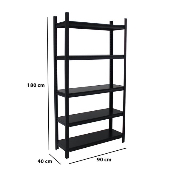 Schwarzes Metallregal mit fünf Böden und den Maßen 180 x 90 x 40 cm.