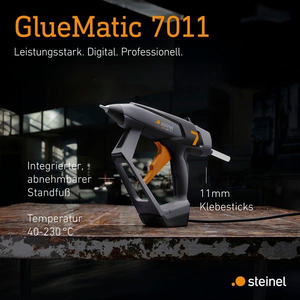 Details einer Heißklebepistole: stufenlose Temperatureinstellung, wechselbare Düse, einstellbare Klebemenge, 11 mm Klebestifte