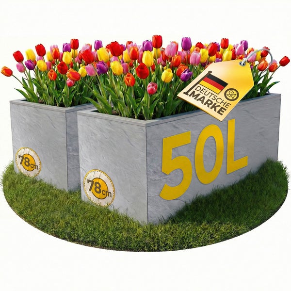 Zwei graue Pflanzkästen mit bunten Tulpen, 78 cm Durchmesser und 50 Liter Fassungsvermögen, Deutsche Marke Siegel