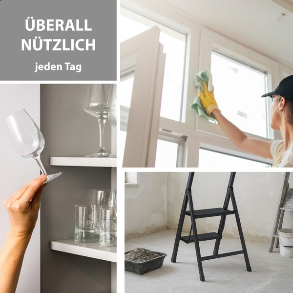 Kollage: Fensterreinigung, Gläser einräumen und Renovierungsarbeiten mit Leiter.