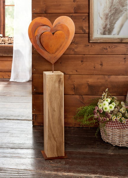 FRANK FLECHTWAREN | Holzsäule Rostherz, METALL, HOLZ, 23 x 12 x 72 cm