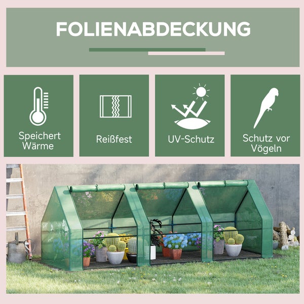 Outsunny Mini Gewächshaus, mit 3 Rollfenster, 270 x 90 x 90 cm, PE Folie,Stahl, Grün