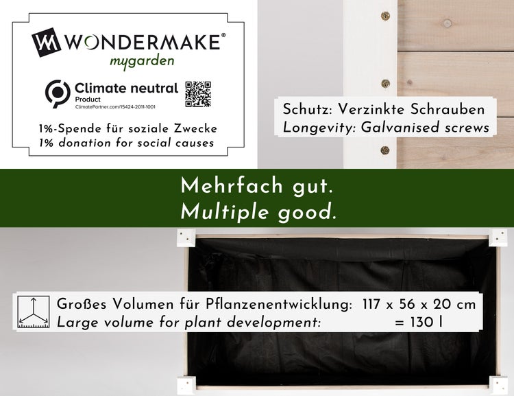 WONDERMAKE - Großes Hochbeet aus Holz für Garten Balkon Terrasse, Pflanzkasten Bausatz XL rechteckig schmal mit Vlies-Folie, Kräuterbeet Pflanzenkasten, weiß grau anthrazit