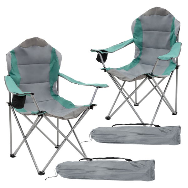 ECD Germany 2er Set Campingstuhl faltbar, Grau-Türkis, Angelstuhl mit Getränkehalter & Tragetasche, Gartenstuhl klappbar, Übergroßer Klappstuhl mit Hochlehner, Gepolster Faltstuhl, Anglerstuhl tragbar