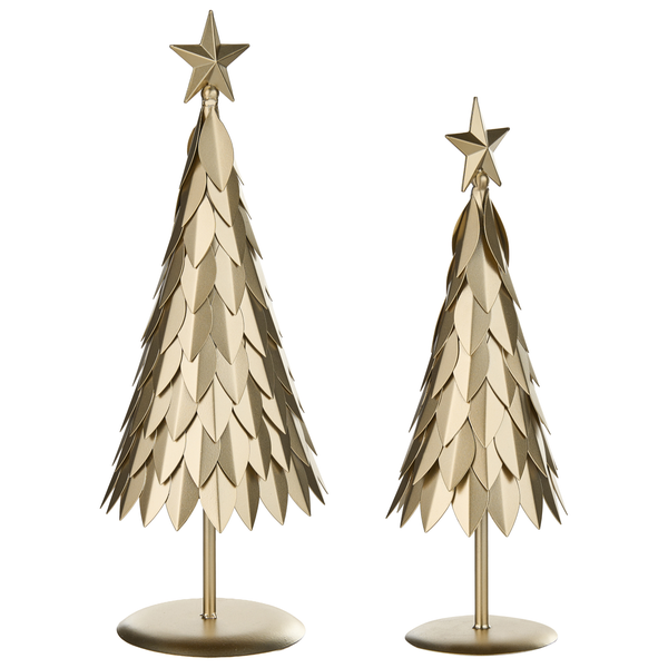 Zwei dekorative Weihnachtsbaume aus Metall mit Sternspitze als Tischdekoration.