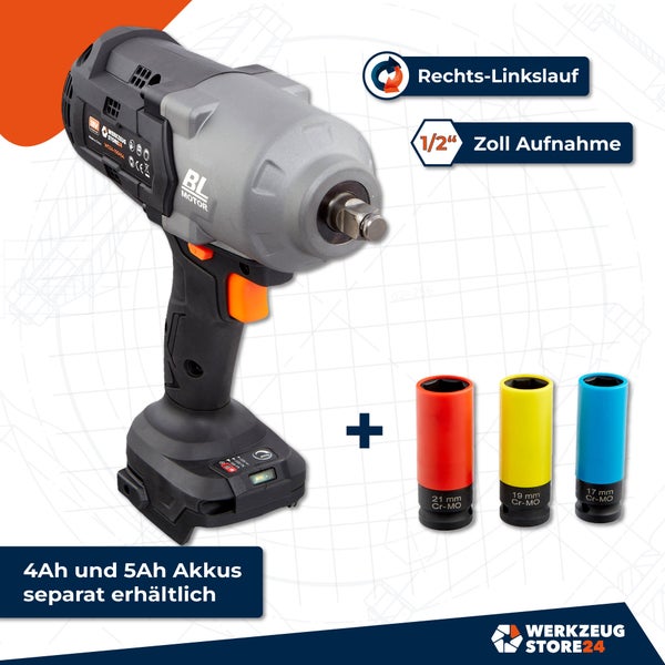 Akku-Drehschlagschrauber mit Rechts-Linkslauf, 1/2-Zoll Aufnahme und Steckschlüsseleinsätzen aus Chrom-Molybdän-Stahl