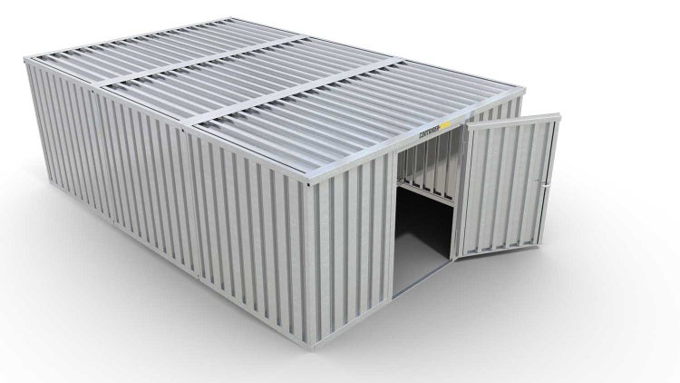 Lagercontainer Gerätehaus M3  – 18 qm, H2115 x B3050 x T6520 mm, verzinkt, ohne Fußboden, 1270 mm Einflügeltür mittig in Breitseite, zerlegt