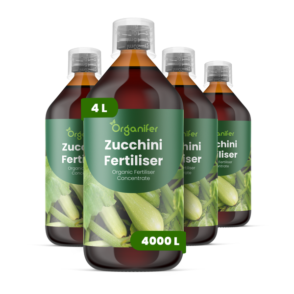 Vier Flaschen Organifer Zucchini Dünger, organisches Düngerkonzentrat, 4 Liter Gesamtmenge für bis zu 4000 Liter.