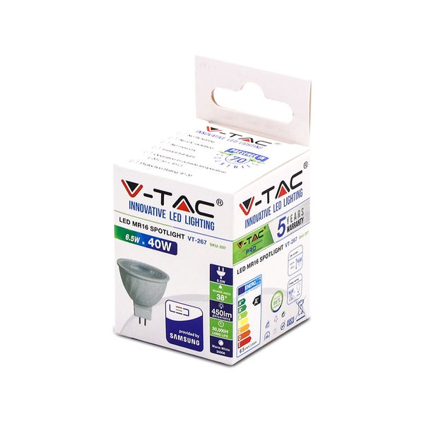 V-TAC VT-267 - MR16 Weiße LED-Strahler - Samsung - Linse 38° -IP20 - 6.5W - 450 Lumen - 6400K -