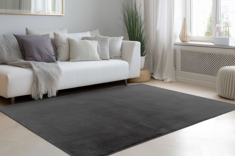 Ein rechteckiger Teppich in einem modern eingerichteten Wohnzimmer mit einem Sofa und einer hellen Atmosphäre.
