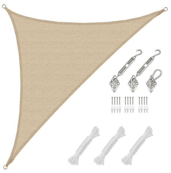 Dreieckiges Sonnensegel in Beige inklusive Befestigungsset mit Spannschrauben, Karabinerhaken, Wandösen, Schrauben, Dübeln und Seilen.
