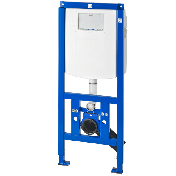 Blaues Vorwandelement aus Metall für Wand-Toiletten mit weißem Unterputz-Spülkasten aus Kunststoff.
