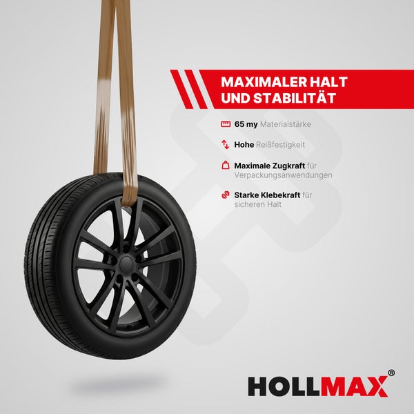HOLLMAX Klebeband hält einen Autoreifen, hohe Reißfestigkeit, starke Klebekraft, Materialstärke 65 Mikrometer. HOLLMAX Logo.