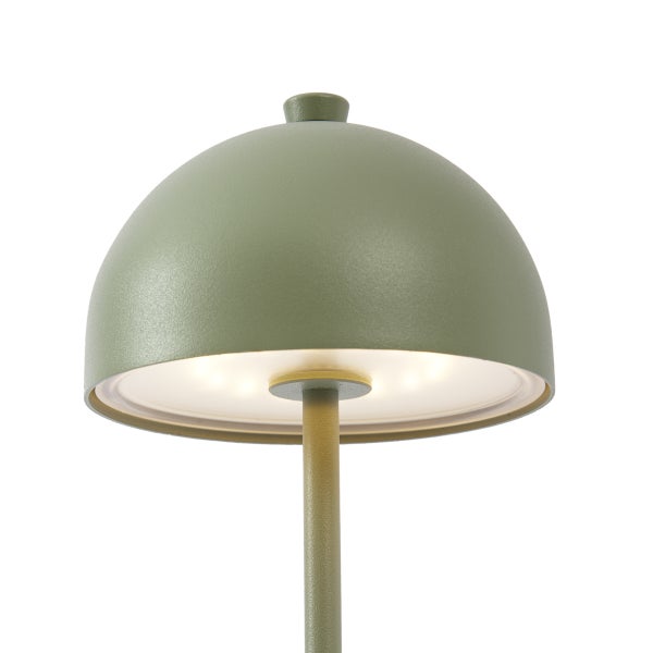 Moderne Tischleuchte in Grün mit halbkugelförmigem Schirm und LED-Beleuchtung.