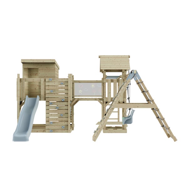 Spielturm aus Holz mit Rutsche, Kletterwand, Schaukel und Tafel