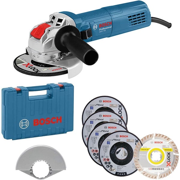 Bosch Professional Winkelschleifer GWX 750 mit Werkzeugkoffer, Schutzhaube und mehreren X-LOCK Trenn- und Schleifscheiben.