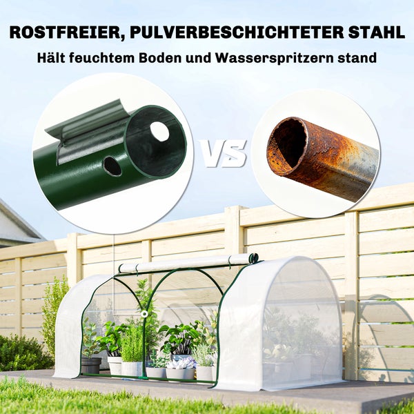 Gewächshaus mit pulverbeschichtetem Stahlrahmen für hohe Widerstandsfähigkeit gegen Feuchtigkeit und Rost.