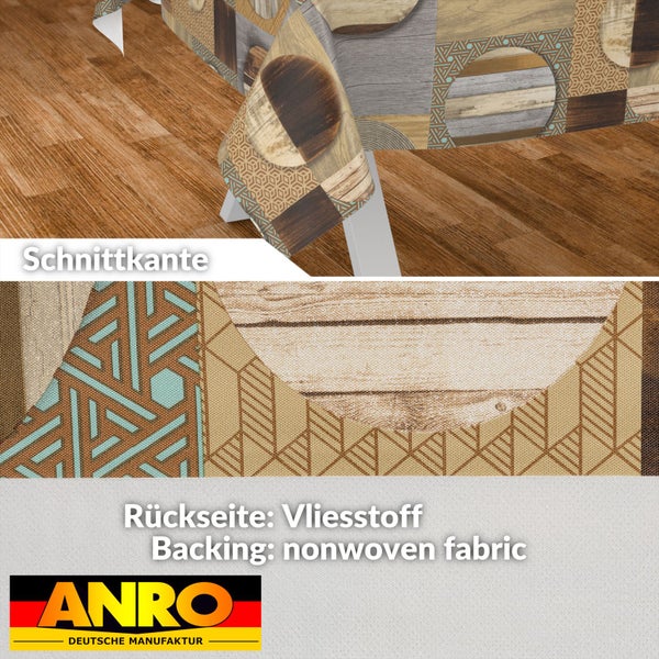 Wachstischdecke mit Patchwork-Muster aus Holzstrukturen und geometrischen Formen, Rückseite aus Vliesstoff. ANRO Logo.