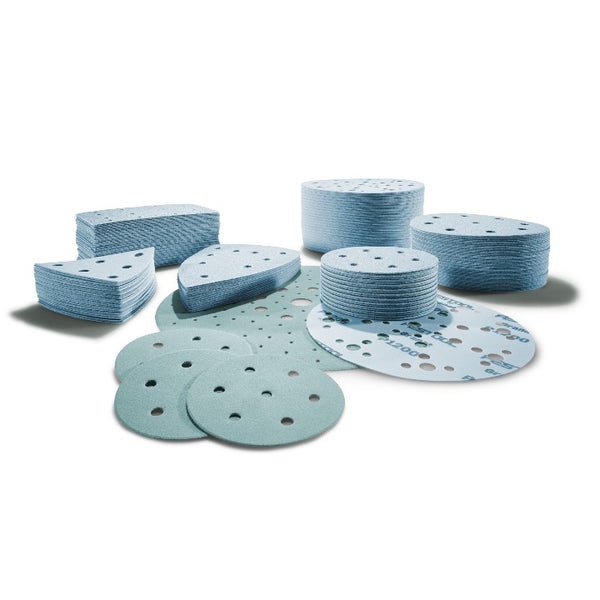 Festool Schleifmittel Sortiment Granat mit Schleifscheiben, Schleifstreifen und Deltaschleifblättern mit Lochung zur Staubabsaugung.