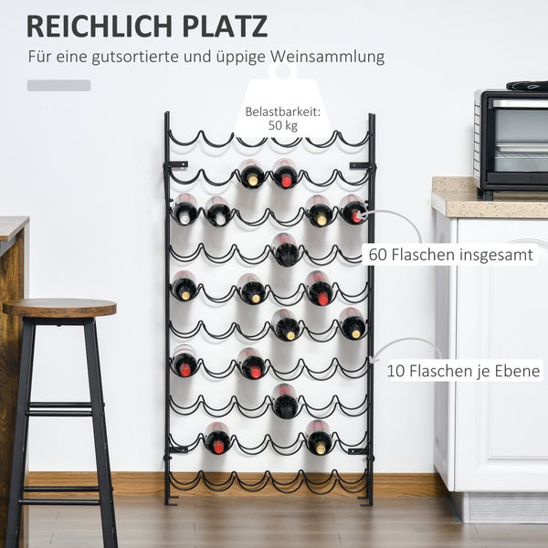 HOMCOM, Weinregal, Weinständer, B63 x D20,5 x H118cm, Eisen, Stahl, Schwarz